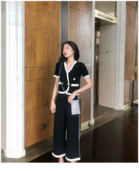 2020. gada Vasaras korejas Modes Divas Gabals Komplekti, Trikotāžas Apģērbs Sievietēm ar Īsām Piedurknēm Topi + Trikotāžas Plaša kāju Bikses, Uzvalks Gadījuma, 2 Gab. Komplekts