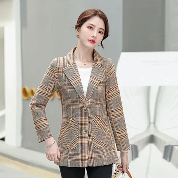 Ir 2021. JAUNU Modes korejas Retro Pleds Bleizeri Sievietēm Vienotā Krūtīm, Sieviešu Virsdrēbes Darbā Biroja Dāma Ikdienas Žakete Mētelis