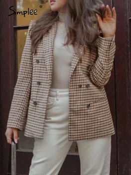 Simplee Classic pleds kabatas birojs žakete sievietēm Cēloņsakarību ar garām piedurknēm mētelis, jaka pavasarim, rudenim Kreklu apkakles vintage sieviešu mētelis