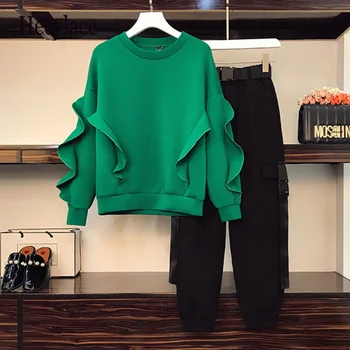 Plus Lieluma Sieviešu Ziemas Apģērba Iela Uzvalks Telpu kokvilnas Zaļā Sweatershirt Top Un Kravas Elsas Divas Gabals, kas Apģērbs Tracksuit