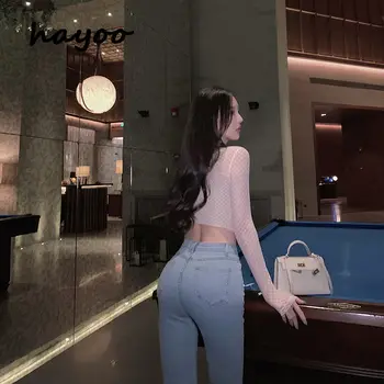 Ins super karstā online tautas korejiešu stilā Šiks krūtīm, džinsi, sieviešu augstais viduklis novājēšanu izdilis potītes garuma bikses