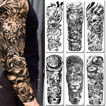 Liels Roku Piedurknēm Tetovējums Lauva Vilku Galvaskausa Ūdensizturīgs ilgstošu Pagaidu Tetovējumu Uzlīmes Body Art Viltus Viltus Tetovējums Sievietes Vīrieši