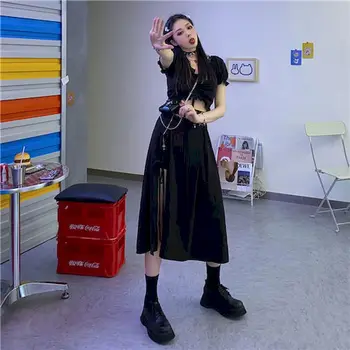 Ir 2021. Vasarā Divas Gabals Komplekts Veste Melnā Uzvalkā korejas Modes V-veida kakla Apģērbu Divas Gabals Tērpi Sievietēm Harajuku Tumši Gotikas Stilā