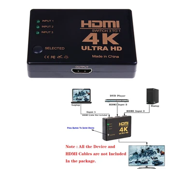 3 Port HDMI Switch 4K*2K Sadalītāja Komutatoru Selektora Lodziņā Ultra HD DVD HDTV Xbox PS3 PS4