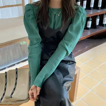 Komplekti Sievietēm korejiešu Stilā Rudens Ražas O-veida kakla Blūze Pārsējs Pu bez Piedurknēm Kleitas Tērpi Maxi Ikdienas Ikdienas Modes Streetwear