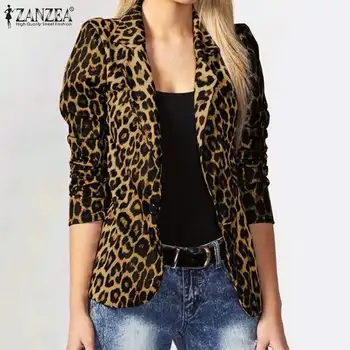 Biroja Dāma Atvērtu Priekšā, Žaketes Lielgabarīta ZANZEA OLA Ikdienas Žakete Sievietēm Vintage Leopards Izdrukāt Mēteļi Ir 2021. Rudens Atloks Outwears