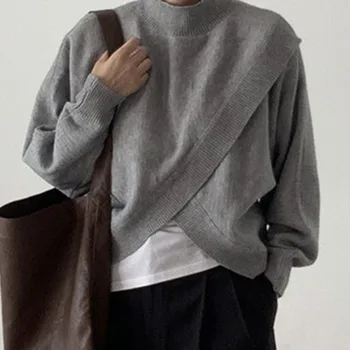 Džemperis korejas Modes 2021. Gada Pavasara Rudens tīrtoņa Krāsu Apaļu Kakla Šķērsot Nelegālo Gadījuma garām Piedurknēm Sieviešu Spraugas Saglabāt Siltu