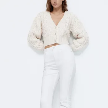 Za Sievietes Ir 2021. jauno Rudens Modes Pērļu Pogas Savīti adīšanas Jaka Vintage Džemperis ar garām Piedurknēm, Sieviešu Virsdrēbes Šiks Topi