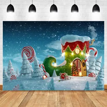 Ziemas Sniega Candy House Fotogrāfija Backdrops Ziemassvētku Dāvanas Ragavas Koka Jaundzimušo Bērnu Duša Foto Foni