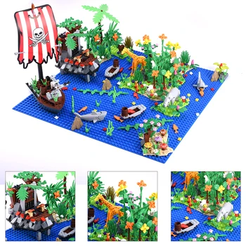 KM Meži Modelis Salas Kuģis DIY Celtniecības Bloki Jūras Dzīvnieku Pilsētas Krūma Ziedu Zāli, Koku Saderīgu Bāzes Plate Mazulis Ideja Rotaļlietas