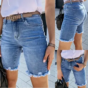 Vasaras sieviešu džinsa jaunas džinsa ripped piecu punktu bikses vēlas modes fringed fringed džinsi sievietēm ir 2021. jaunas
