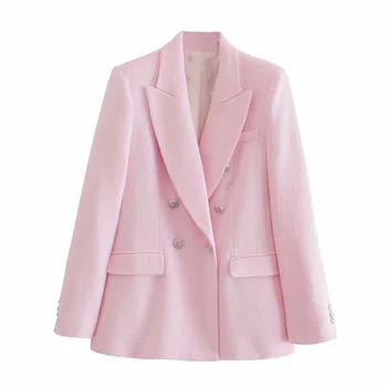 DiYiG SIEVIETE ir 2021. rudens sākumā jaunu gadījuma sieviešu apģērbu minimālisma stilā divrindu rozā tekstūra uzvalks jaka ZA