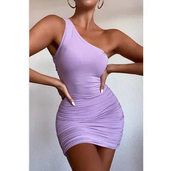 2022 Sexy Sievietes Multicolor Diagonālu Plecu Vītni Kleita Tīrtoņa Krāsu Hip Wrap Svārki Gadījuma Kroku Drapēti Kleita Mujer