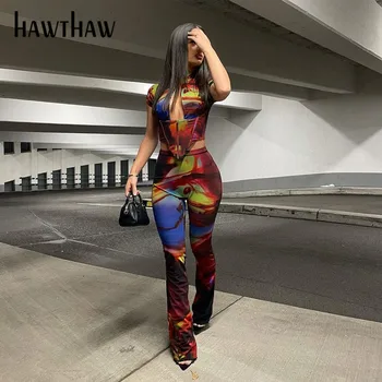 Hawthaw Sieviešu Īsām Piedurknēm Drukāts T Krekls Topi Garas Bikses Divas Gabals Komplekti, Kostīmi Tērpi 2022 Vasaras Apģērbu Vairumtirdzniecība Priekšmeti