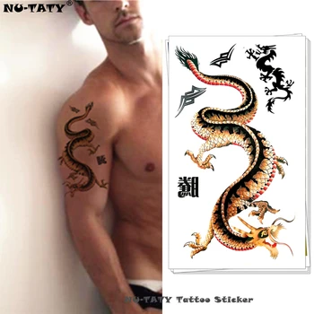 Nu-TATY Dzeltenas Ķīniešu Pūķis Pagaidu Tetovējums Body Art Roku Flash Tetovējumu Uzlīmes 17*10cm Ūdensizturīgs Viltus Hennas Tetovējums Nesāpīga