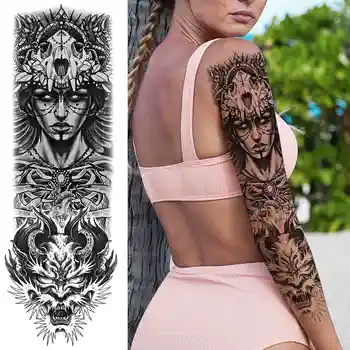 Liela Cilšu Pagaidu Tetovējumiem Piedurknēm Sievietēm, Vīriešiem, Pieaugušajiem Black Warrior Pilnas Rokas Tetovējumu Uzlīmes Viltus Ģeometriskā Lauva Galvaskausa Tatoos