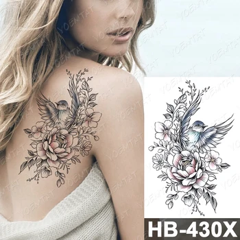 Ūdensnecaurlaidīgus Pagaidu Tetovējumu Uzlīmes Skices Putnu, Ziedu, Spalvu Dimanta Gem Flash Tetovējumiem Papagailis Rožu Body Art Roku Viltus Tetovējums