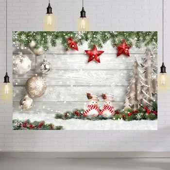 Baltās Koksnes Ziemassvētku Backdrops Zemnieku Šķūnis Koka Grīdas Sarkanās Zvaigznes Priedes Filiāle Sniegpārslas Ziemas Sniegavīru Fotogrāfijas Fona