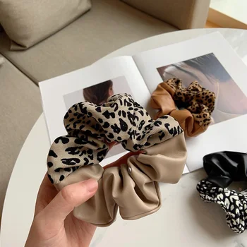 Rudens ir 2021. PU Ādas Leopards Drukāt Matu Scrunchies Sievietēm Dizaineru Lielo Izmēru Sadalīt Kopīgo Reizes Taras Hairties Sieviešu Modes