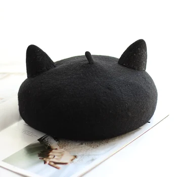Rudens/ziemas vilnas tvīda cepuri gudrs melnais kaķis, gleznotājs, cepure, vilnas filcs, kaķis ausis karikatūra berete