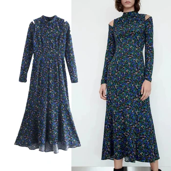 ZA Sieviešu Vidū Teļš Ziedu Printed Kleita 2022 Jaunu Puse Augstu Apkakli, garām Piedurknēm, Elegants Puse-line Modes Tērpiem